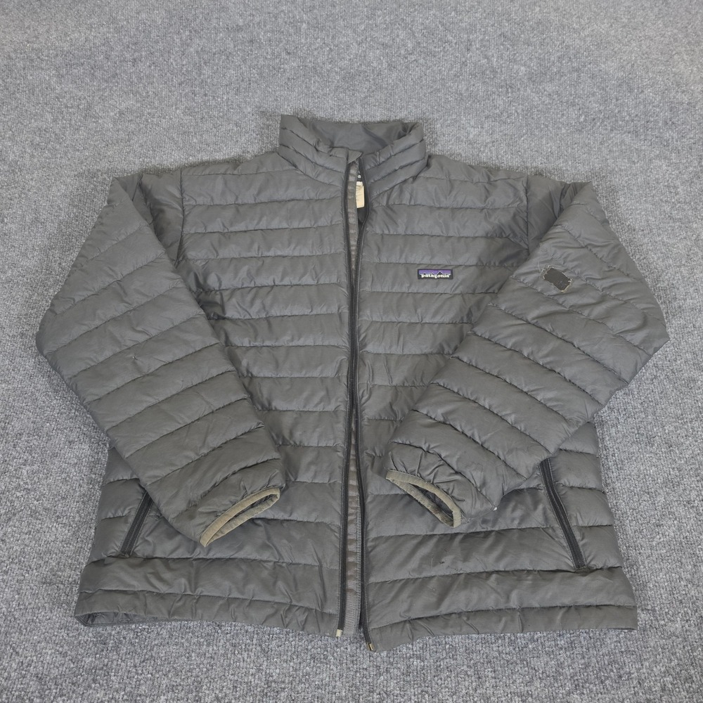 Patagonia Mens Down Sweater Jacket Forge Grey Puffer Full Zip Size Large Flaws